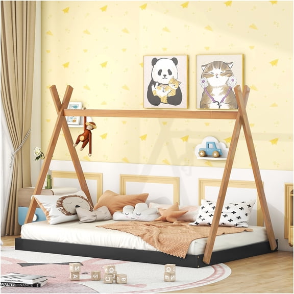 JERFIT Full Size House Tent Platform Bed with Triangle Structure, Low Profile Floor Bed Frame, Wood Construction, Black and Brown