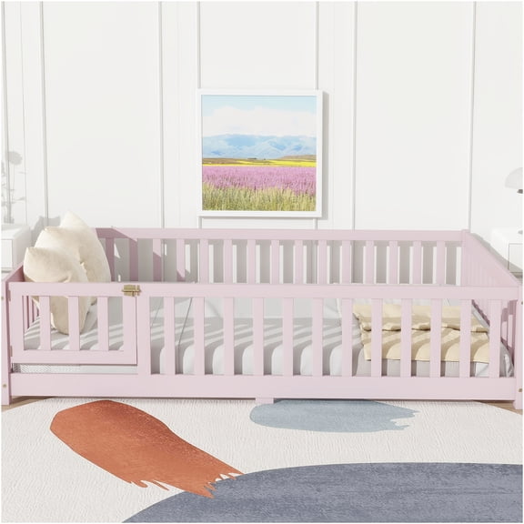 JERFIT Full Size Low Profile Floor Bed Frame with Safety Guardrail Gate, Platform Bed with Fence for Space Saving, Pink