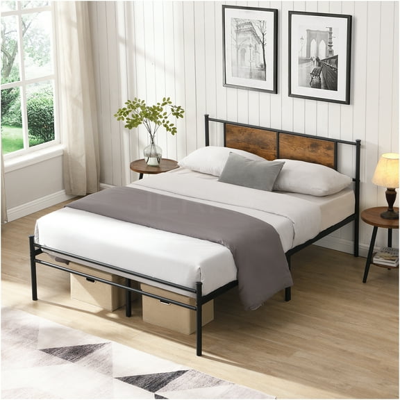 JERFIT Full Size Metal Bed Frame with Headboard, Black-Brown Wood Panel Design, Heavy Duty Platform Base with 10.8" Underbed Storage Space, No Box Spring Needed
