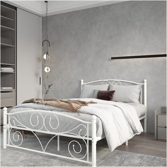 JERFIT Full Size Metal Platform Bed Frame with Floral Headboard, White, No Box Spring Needed High Weight Capacity