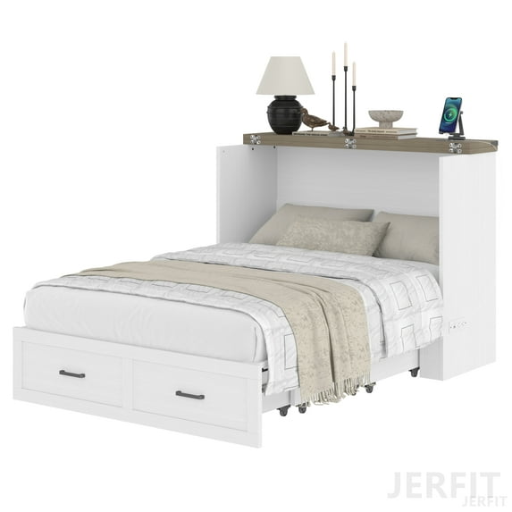 JERFIT- Full Size Murphy Bed Cabinet with Charging Station, Multi-Functional Foldable Platform Bed - 1 Large Storage Drawer for Guest Room & Small Bedroom, Space-Saving Design, White