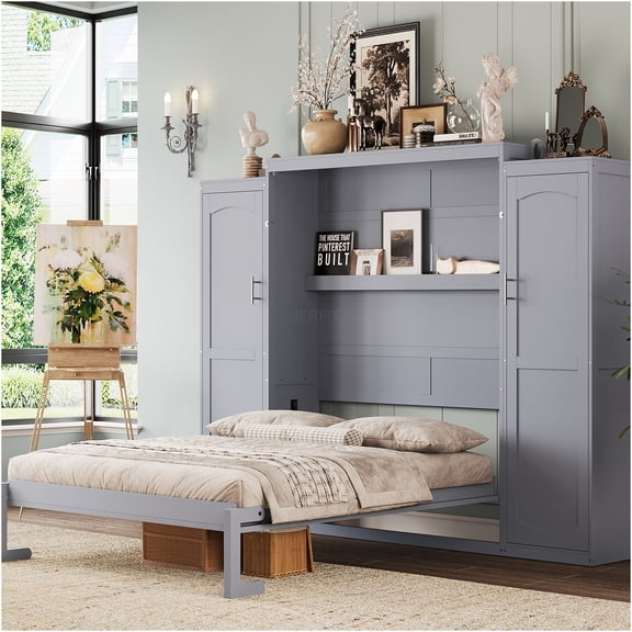JERFIT Full Size Murphy Bed Wall Unit with Dual Wardrobes Storage Shelves, Space Saving Fold Down Platform Bed Frame in Gray Wood for Guest Room, Living Area
