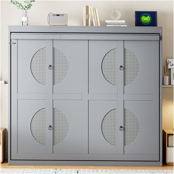 JERFIT Full Size Murphy Bed with Cabinet, Gray Space Saving Wall Bed for Home Office, Guest Room, Studio Apartment