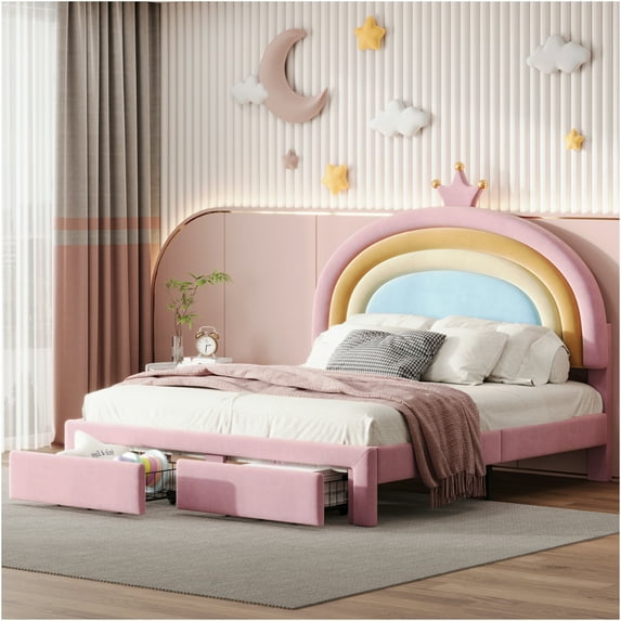 JERFIT Full Size Pink Velvet Platform Bed with Rainbow Accent and Storage Drawer, No Box Spring Required