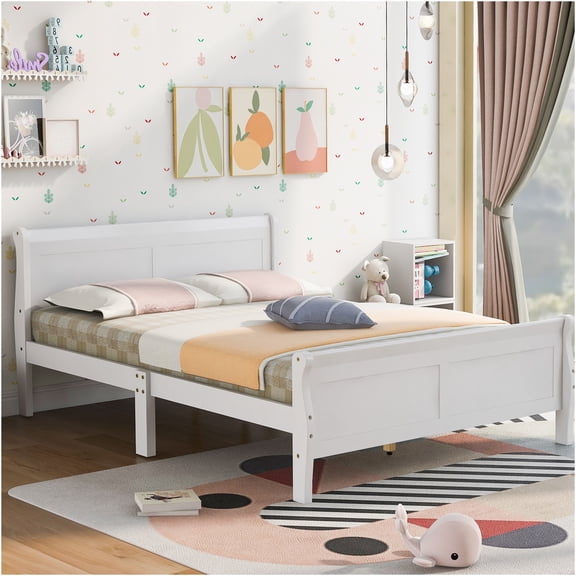 JERFIT Full Size Platform Bed Frame with Headboard, White Solid Wood Bed, No Box Spring Needed, Easy Assembly, Modern Minimalist Style