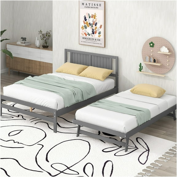 JERFIT Full Size Platform Bed with Pull-Out Trundle, Space-Saving Design, Sturdy Pine Wood Frame in Gray