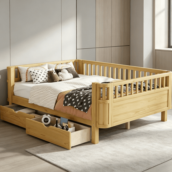 JERFIT Full Size Platform Bed with Rails, Low Profile Wooden Bed Frame, Natural Finish