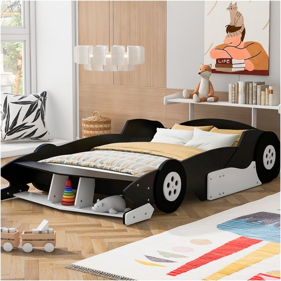 JERFIT Full Size Race Car Bed with Wheels, Black Plywood Platform Bed Frame, No Box Spring Needed