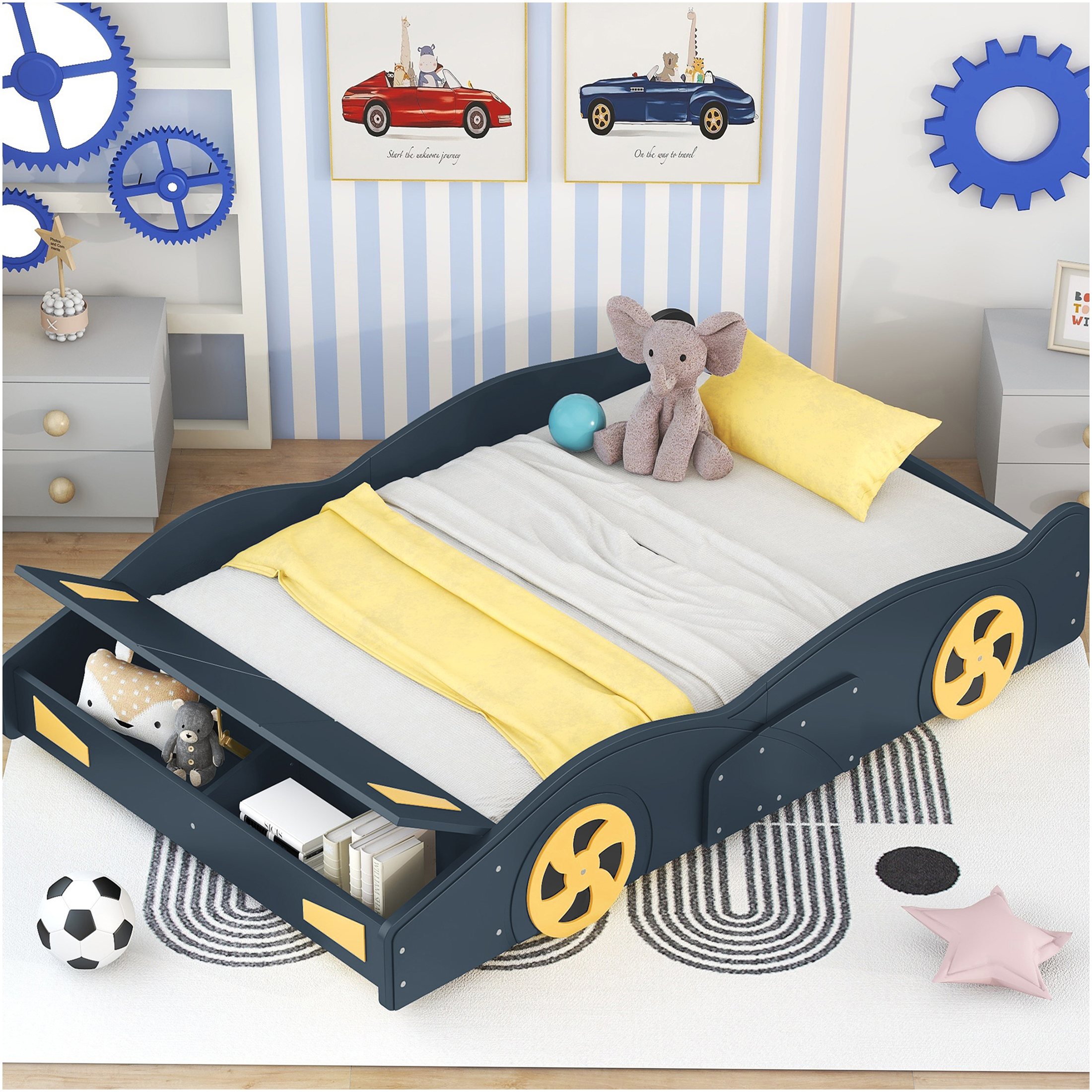 JERFIT Full Size Race Car Platform Bed with Storage, Dark Blue Wood Bed Frame with Wheels, No Box Spring Needed