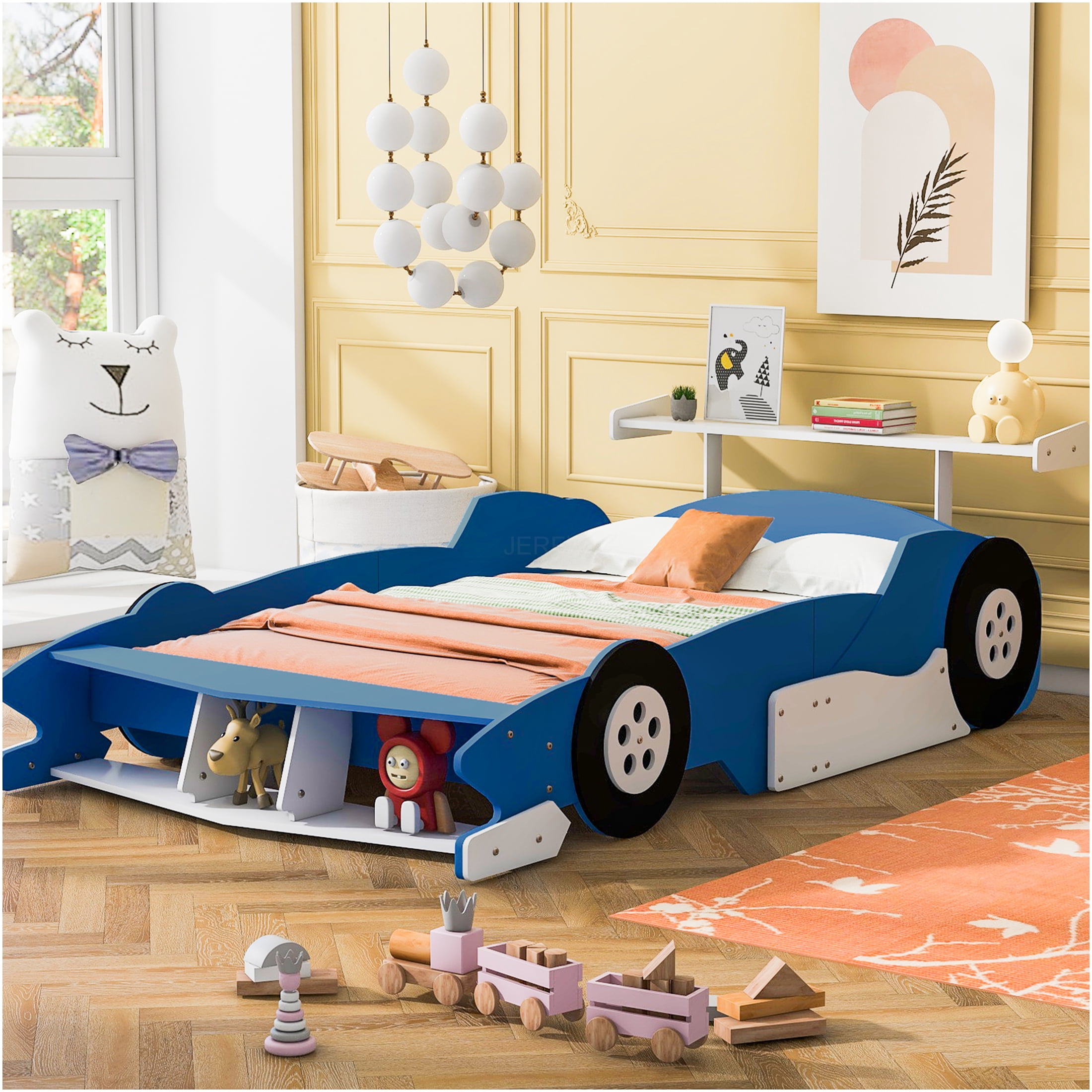 JERFIT Full Size Race Car Platform Bed with Wheels, Blue, Sturdy Plywood Frame for Modern Bedrooms