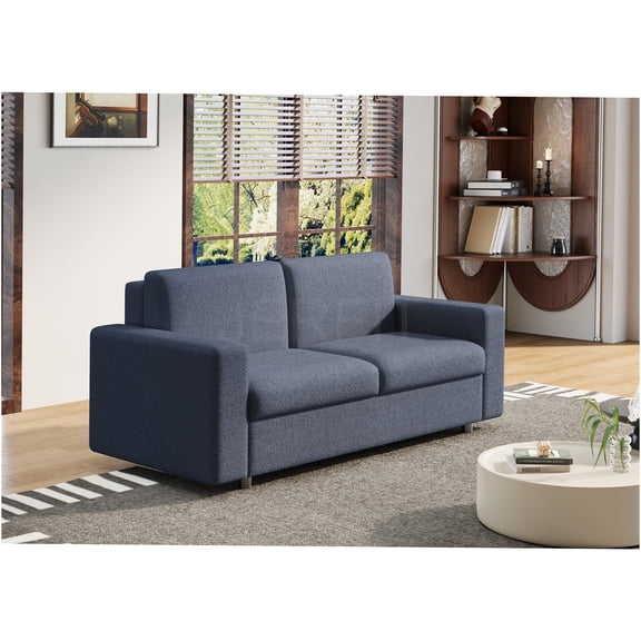 JERFIT Full Size Sleeper Sofa Bed with Memory Foam Mattress, Convertible Pull Out Couch for Small Space, Living Room, Apartment & Office, Blue Polyester Fabric