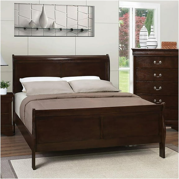 JERFIT Full Size Sleigh Bed Frame, Cappuccino Brown Wood Platform Bed with High Headboard, Traditional Style Bedroom Furniture, No Box Spring Needed