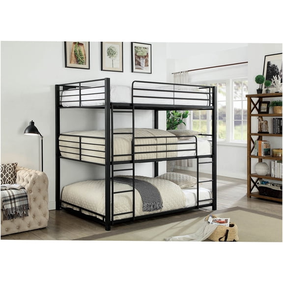 JERFIT Full Size Triple Bunk Bed, Metal Frame with 2 Ladders Guard Rails, Space Saving 3-Tier Bed for Modern Home, Sand Black Finish