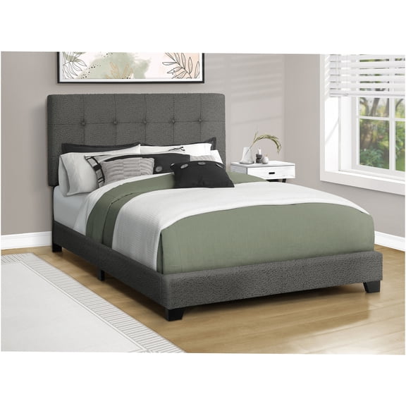 JERFIT Full Size Upholstered Bed Frame with Button Tufted Headboard, Grey Boucle Fabric Platform Bed with Wood Slat Support, Low Profile Modern Bedroom Frame