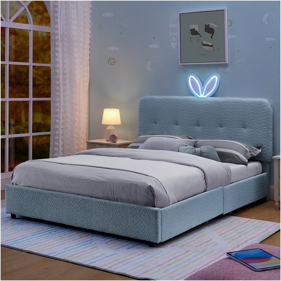 JERFIT Full Size Upholstered Bed with Bunny Ear Headboard, LED Lights, and 4 Storage Drawers, Navy Boucle Fabric