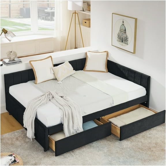 JERFIT Full Size Velvet Upholstered Daybed with Storage Drawers, Tufted Sofa Bed with Backrest and Armrests for Living Room, Bedroom, Office, Black