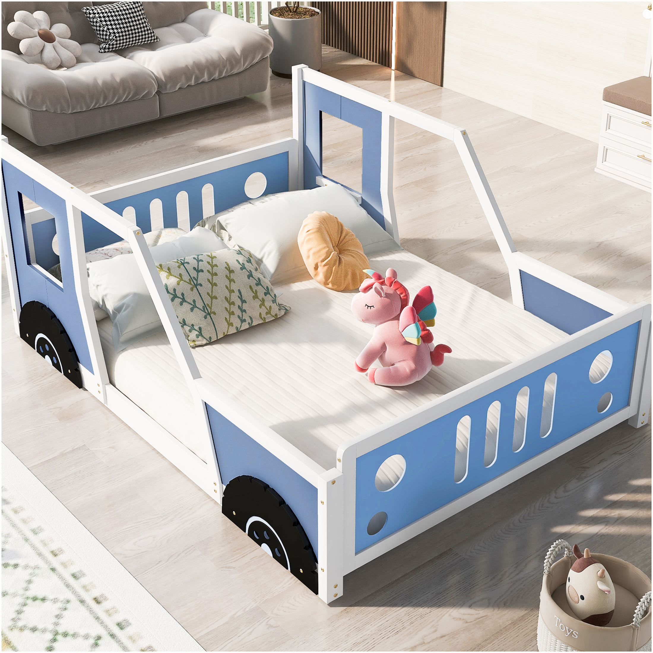 JERFIT Full Size Vintage Car Platform Bed with Wheels, Blue Pine Wood MDF Frame, Mattress Foundation Ready