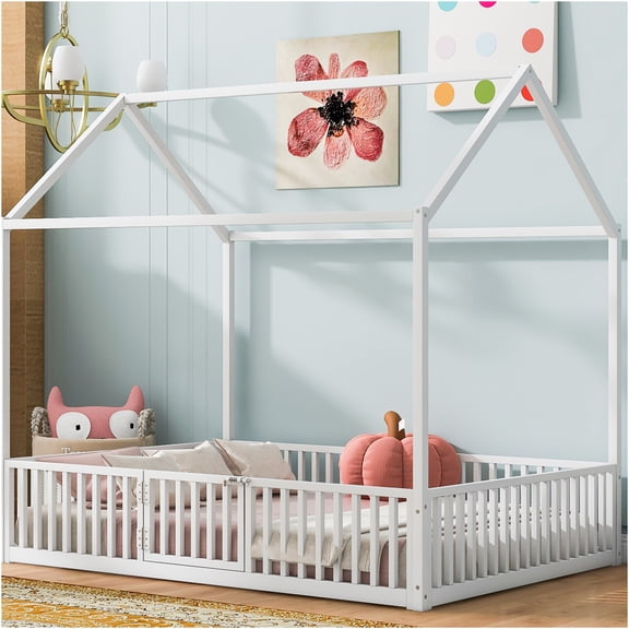 JERFIT Full Size White Metal House Bed Frame with Play Roof, Fence Door for Imaginative Living Spaces
