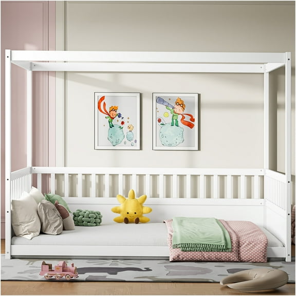 JERFIT Kids Canopy Floor Bed Frame Full Size, White Wooden Low Profile 4 Poster Safety Guardrail Montessori Bed for Boys and Girls
