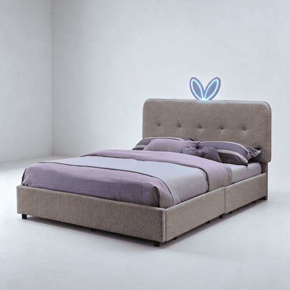 JERFIT Full Upholstered Bed with Bunny Ear Headboard, LED Lights, 4 Storage Drawers, Pink Boucle Fabric, Modern Kids Room Furniture