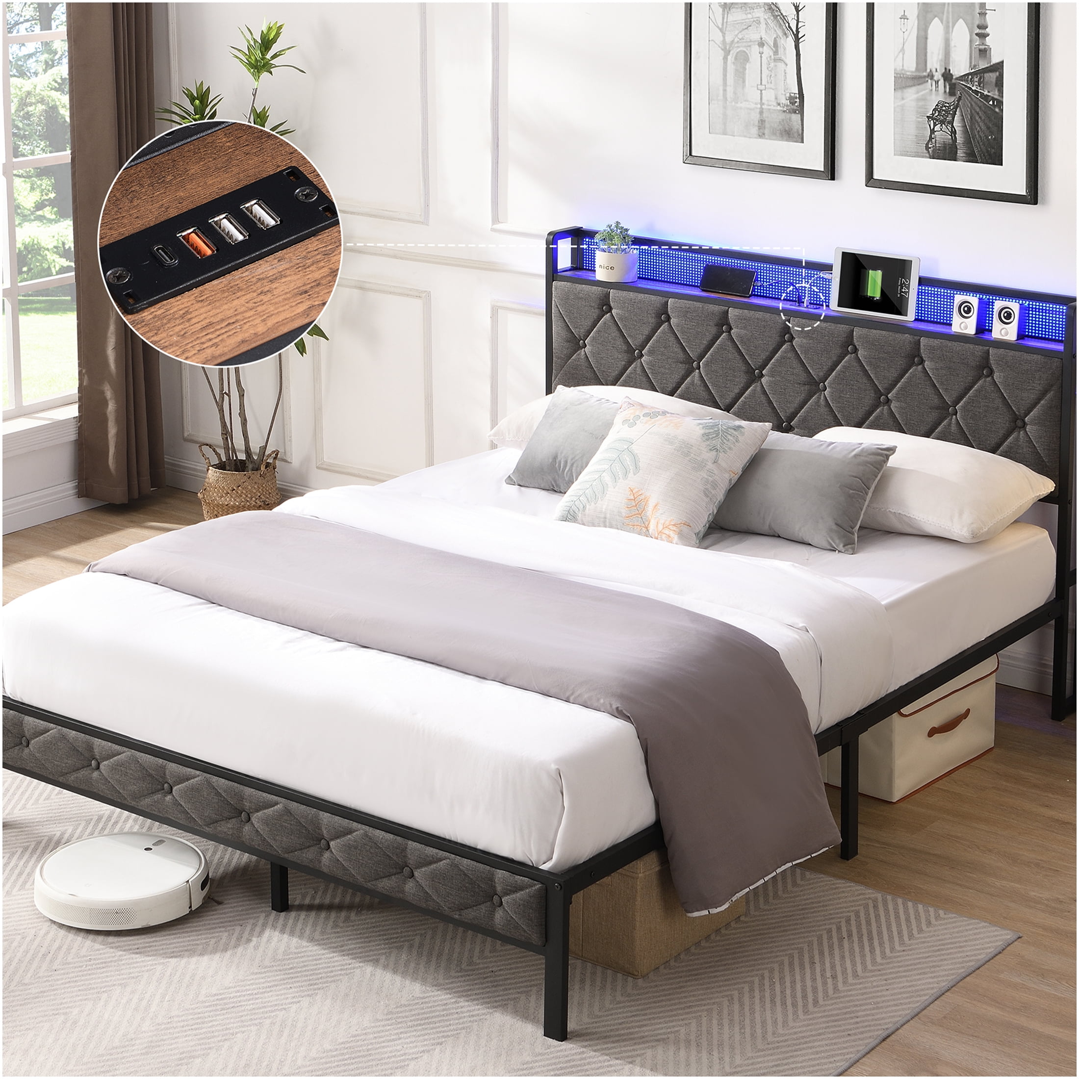 JERFIT Full Upholstered Platform Bed Frame with RGB LED Headboard, USB ...