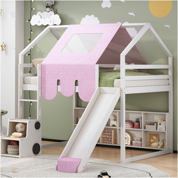 JERFIT Full Wood Loft Bed House with Tent, White+Pink