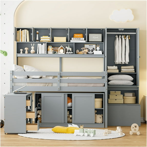 JERFIT Full Wood Loft Bed with Desk, Drawers, Shelves, Gray