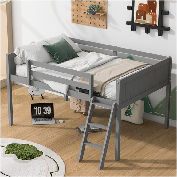 JERFIT Full Wood Low Loft Bed with Ladder, Gray
