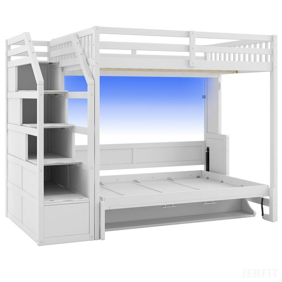 JERFIT-Full XL Size Loft Bed with Storage Staircase With LED Light for Adults Teens, Space-saving,White