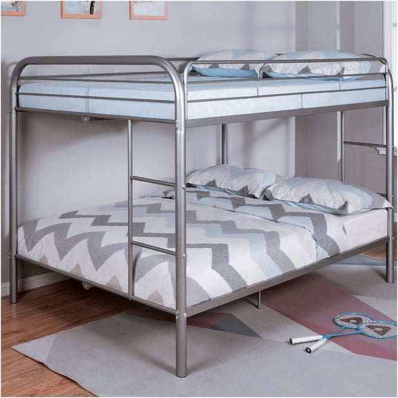 JERFIT Full over Full Bunk Bed, Metal Frame with Angled Ladder, Space Saving Beds for Small Rooms, Mattress Ready, Silver Finish