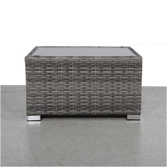 JERFIT Fully Assembled Outdoor End Table, Grey Wicker & Aluminum Patio Side Table, Weather Resistant Accent Table for Porch, Pool, Garden