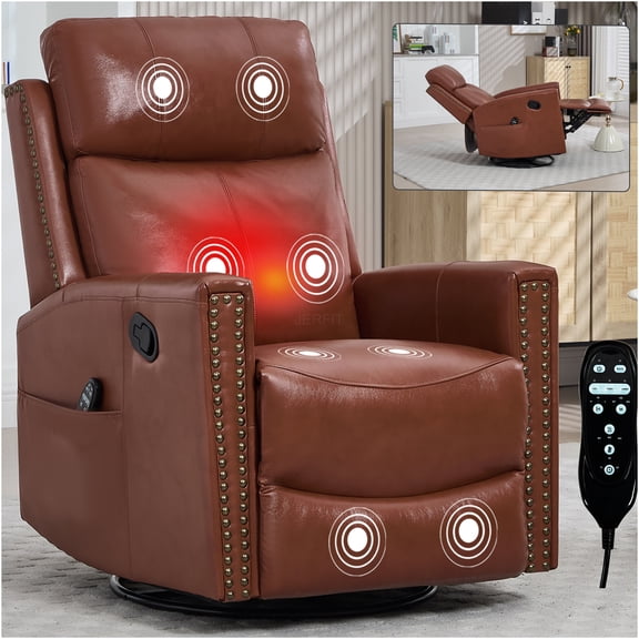 JERFIT Genuine Leather Recliner Chair with Massage and Heat, 360 Swivel Rocker Reclining Sofa for Living Room