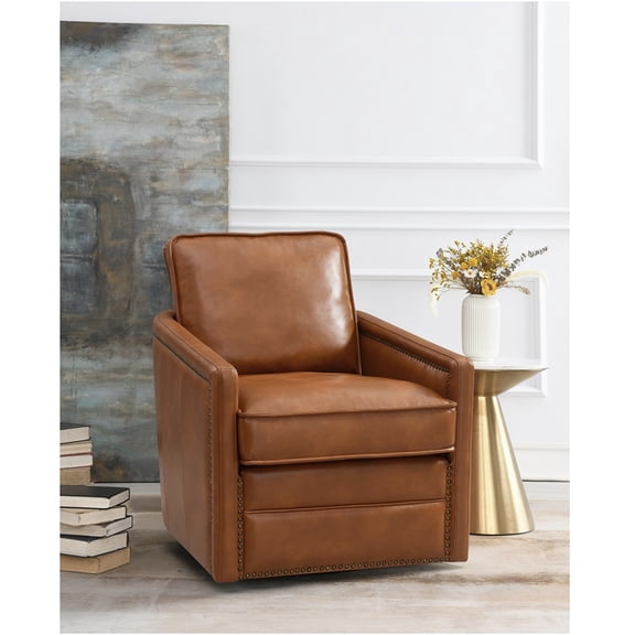 JERFIT Genuine Leather Swivel Accent Chair, 180 Rotating Modern Lounge Chair with Adjustable Cushions, Plush Down Feather Comfort for Living Room, Study, Brown