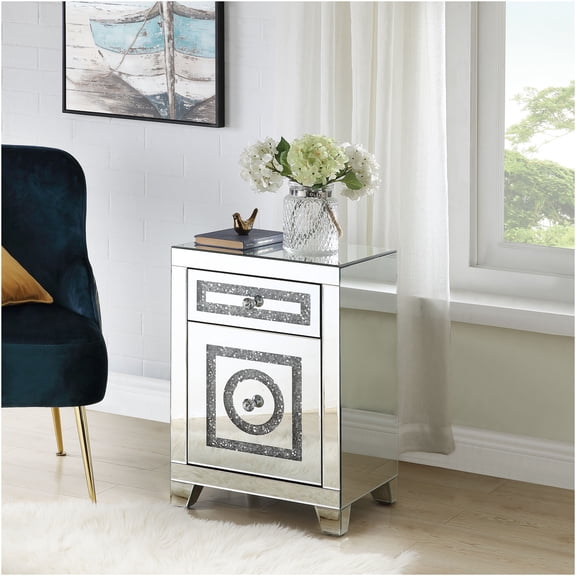 JERFIT Glam Mirrored Accent Table with Drawers, Sparkling Faux Diamond Decor, Silver Finish Nightstand for Bedroom Living Room