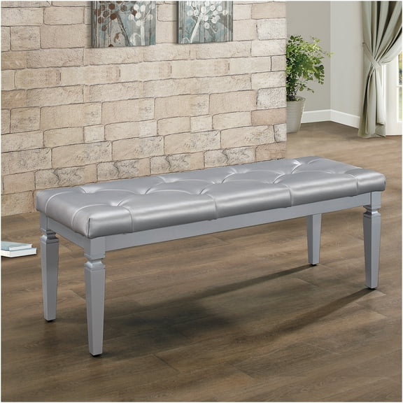 JERFIT Glam Silver Tufted Bench with Crystal Accents, Upholstered Faux Leather Storage Ottoman for Bedroom, Modern Footstool Seat