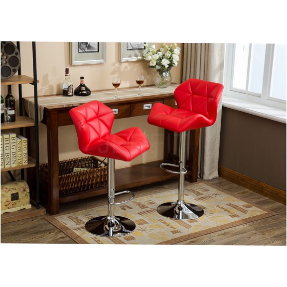 JERFIT Glasgow Modern Adjustable Swivel Bar Stool Set of 2, Diamond Tufted PU Leather with Chrome Base and Footrest, Red