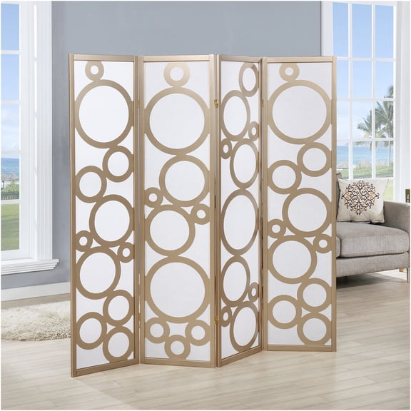 JERFIT Gold 4-Panel Wood Room Divider Screen with Decorative Circle Cutouts, Freestanding Privacy Partition for Home or Office