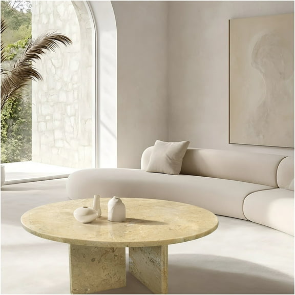 JERFIT Gold Beige Marble Coffee Table with Metal Base, 27.6 Inch Round Natural Stone End Table for Living Room, Luxury Accent Table