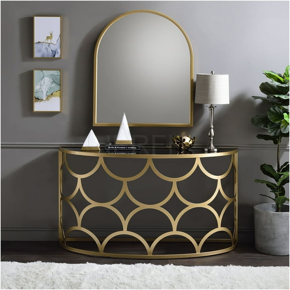 JERFIT Gold Console Table, Half Moon Sofa Table with Tempered Glass Top, Metal Frame Accent Table for Entryway, Living Room, Hallway