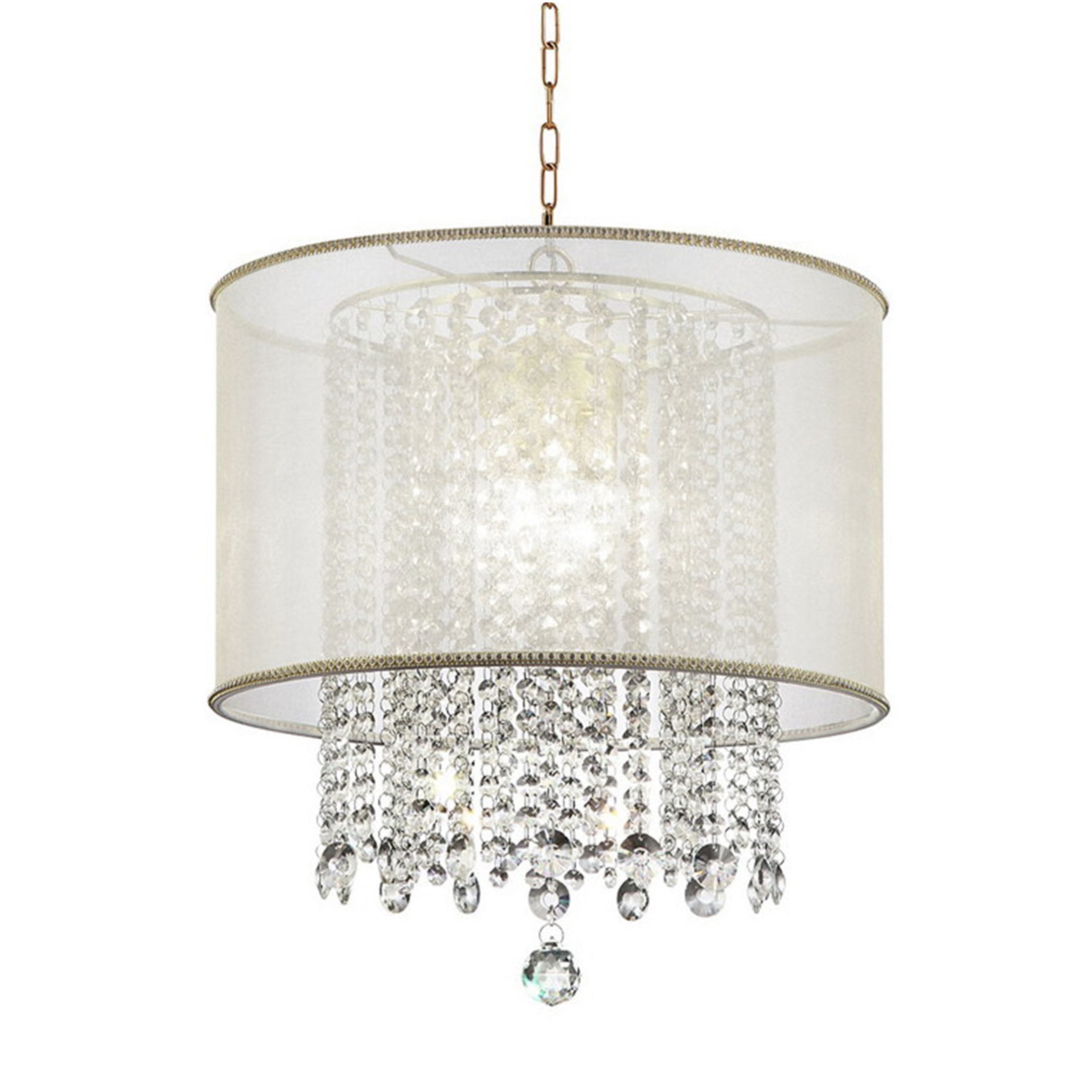 JERFIT Gold Crystal Ceiling Lamp with White Silk Shade, Modern Chandelier Light Fixture for Dining Room, Bedroom, Foyer