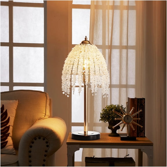 JERFIT Gold Crystal Table Lamp, Vintage Waterfall Lamp with Crystal Bead Shade and Marble Base for Bedroom Living Room Office Decor