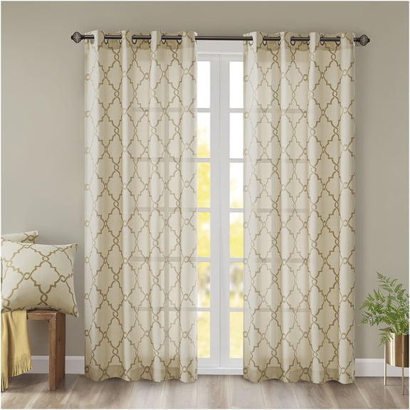 JERFIT Gold Fretwork Print Blackout Curtain Panel for Living Room, Beige & Gold Grommet Top Window Drapes, 50x63 Inch, 1 Panel, Polyester Blend