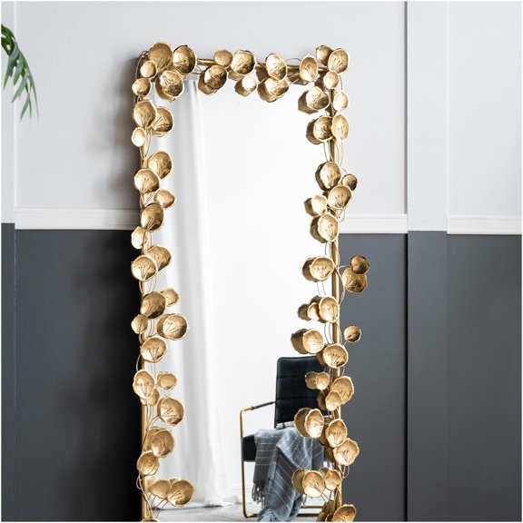 JERFIT Gold Full Length Floor Mirror with Golden Leaf Accents, Large Standing Mirror for Bedroom and Living Room Decor