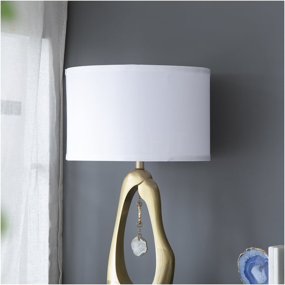 JERFIT Gold Geode Aluminum Table Lamp 16x27.5 Inch with White Fabric Drum Shade and Hanging Agate Accents