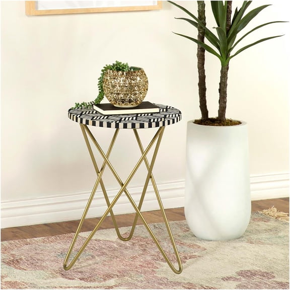 JERFIT Gold Hairpin Leg Accent Table, Round Side Table with Black White Mosaic Inlay Top for Living Room, Bedroom, Office