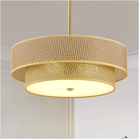 JERFIT Gold Iron Framed Woven Rattan Linen Semi Flush Drum Ceiling Lamp 17.7 Inch