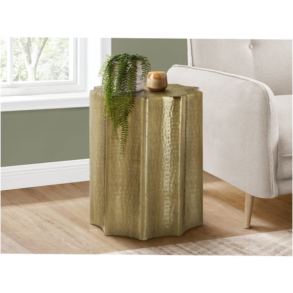 JERFIT Gold Metal Drum Accent Table, Modern Boho End Table with Scalloped Edge for Living Room, Bedroom Nightstand or Lamp Table