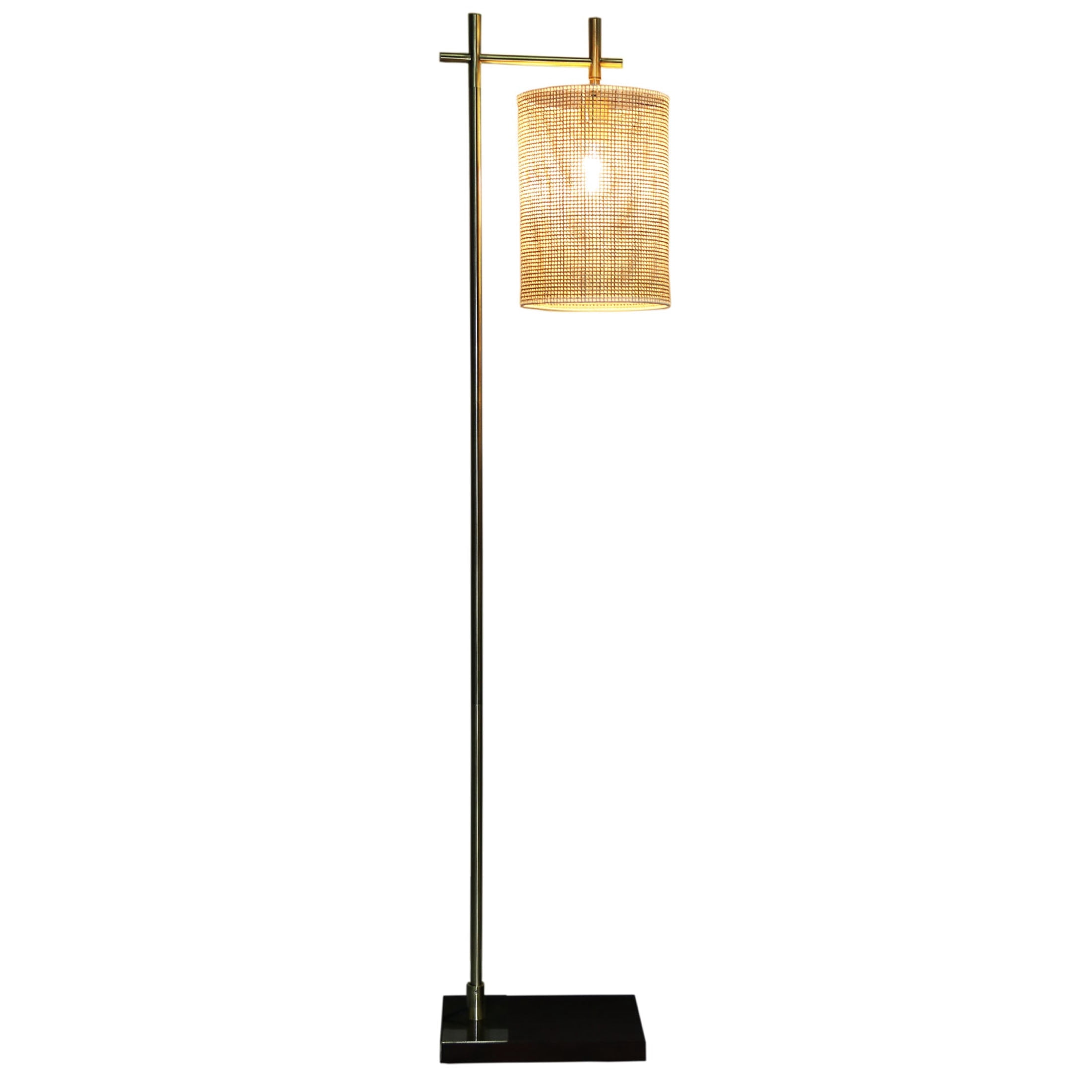 JERFIT Gold Modern Floor Lamp for Living Room, Tall Corner Standing Light with Bamboo Shade, Cylinder Design for Bedroom Office Reading Nook, Plug-In Illumination