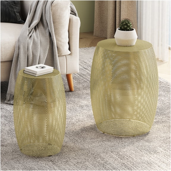 JERFIT Gold Round End Table Set of 2, Drum Shape Metal Nightstand with Openwork Design for Living Room, Bedroom, No Assembly Required