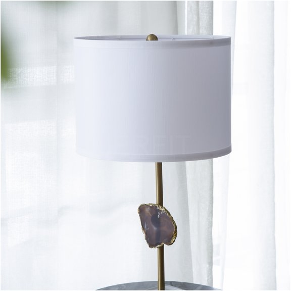 JERFIT Gold White Table Lamp 14x14x25.2 Inch with Agate Slice and Fabric Drum Shade, Shade Assembly Required